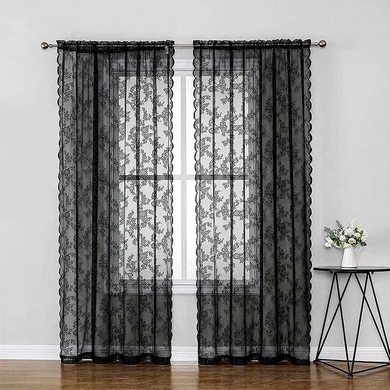 Cortinas De Encaje Transparente Con Diseño Floral Negro Para Sala De Estar
