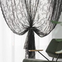 Cortinas De Encaje Transparente Con Diseño Floral Negro Para Sala De Estar