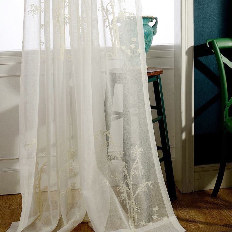 Cortina Clásica Transparente Hecha A Medida Con Tul Bordado De Bambú Para Sala De Estar.