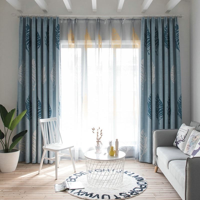 Cortina Opaca De Hojas Azules, Hecha A Medida, Moderna Y Minimalista.