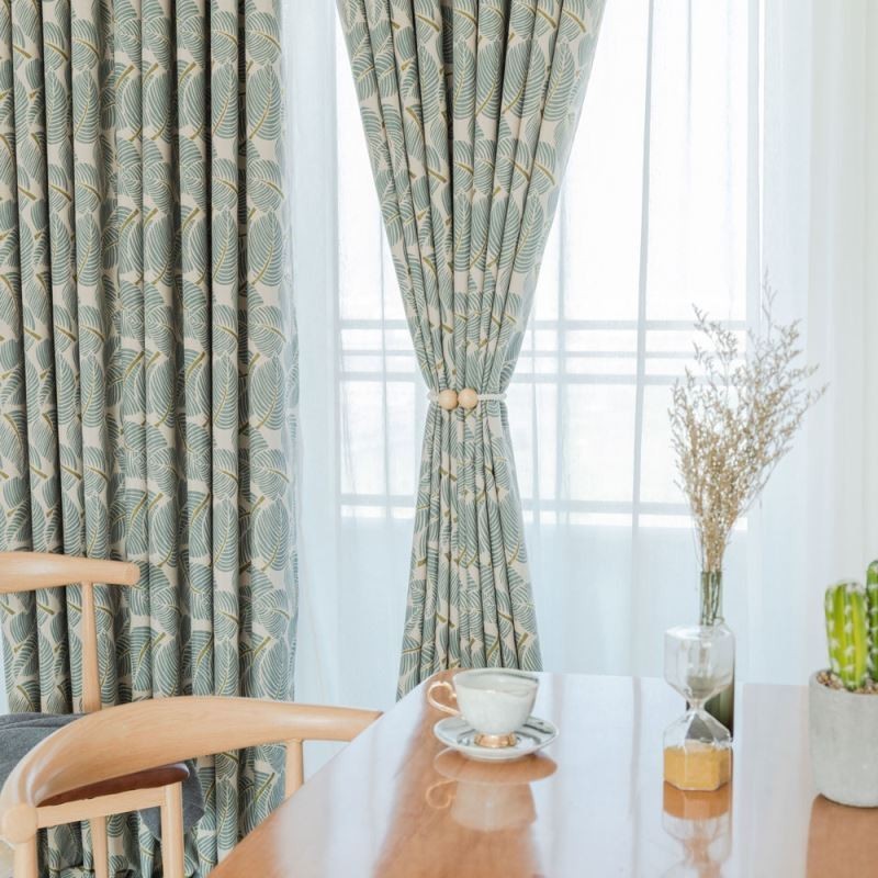 Cortina Opaca Moderna Max Hecha A Medida, Cortina Con Estampado De Hojas Verdes Para Dormitorio