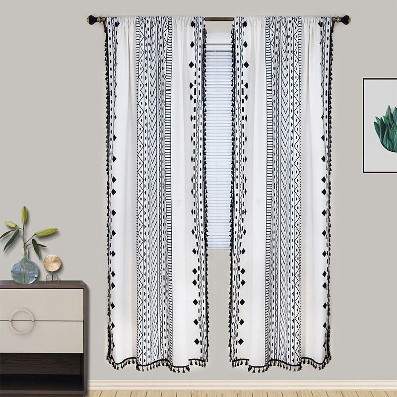 Cortinas Con Estampado Geométrico, Semiopacas, De Algodón Y Lino Con Borlas Para Sala De Estar