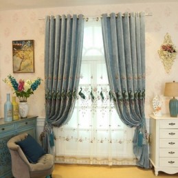 Cortina Opaca De Chenilla Hecha A Medida Con Bordado De Pavo Real Y Flores