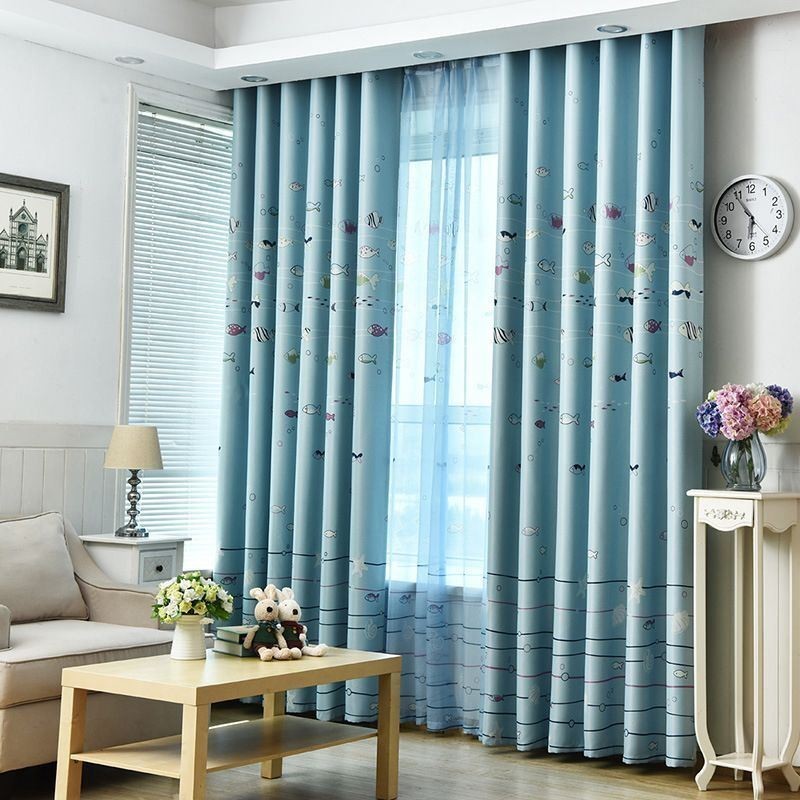 Cortinas Opacas Azules Con Estampado De Peces De Dibujos Animados, Cortinas Impresas A Medida Para Dormitorio Infantil