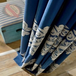 Cortina Nórdica Sencilla Hecha A Medida, Bordada En Azul, Para Sala De Estar Y Estudio.