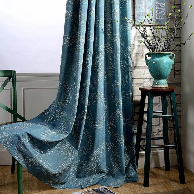 Cortina Antigua Americana Hecha A Medida Con Estampado De Círculos Azules