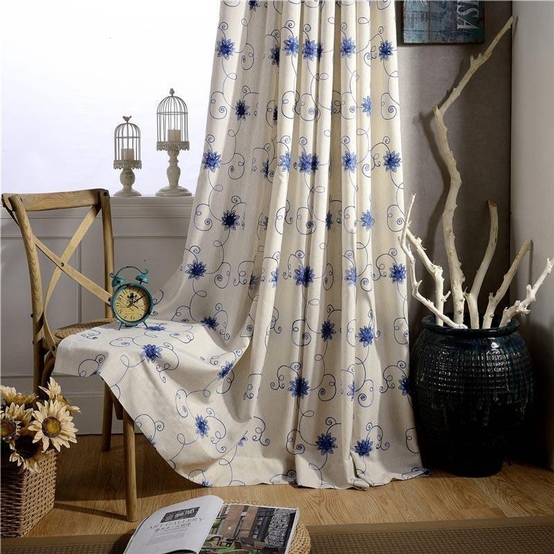 Cortina Americana Sencilla, Hecha A Medida, Con Bordado Azul, Aislante, De Suave Algodón Y Lino.