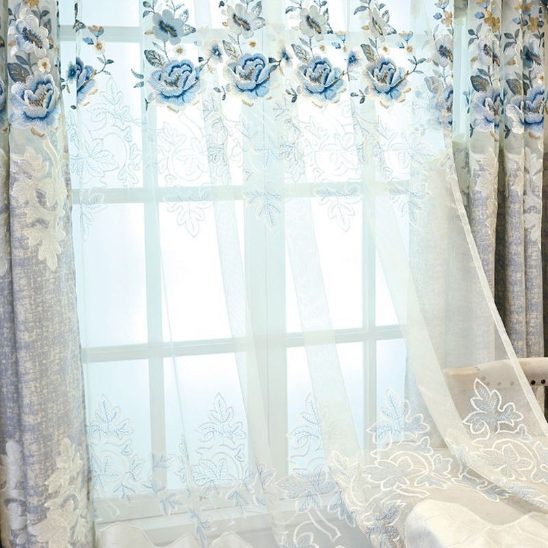 Cortina De Tul De Lujo Hecha A Medida, Cortina Floral Bordada De Gasa Para Sala De Estar