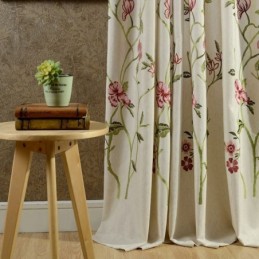 Cortina Opaca De Lino Moderna, Hecha A Medida, Minimalista, Con Flores Rojas Bordadas.