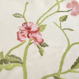 Cortina Opaca De Lino Moderna, Hecha A Medida, Minimalista, Con Flores Rojas Bordadas.