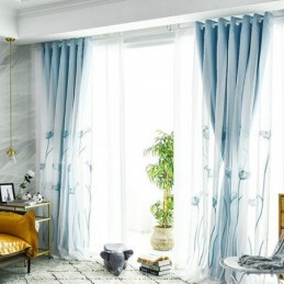 Cortina Estilo Americano Hecha A Medida Con Bordado De Hojas De Loto Y Opaca.