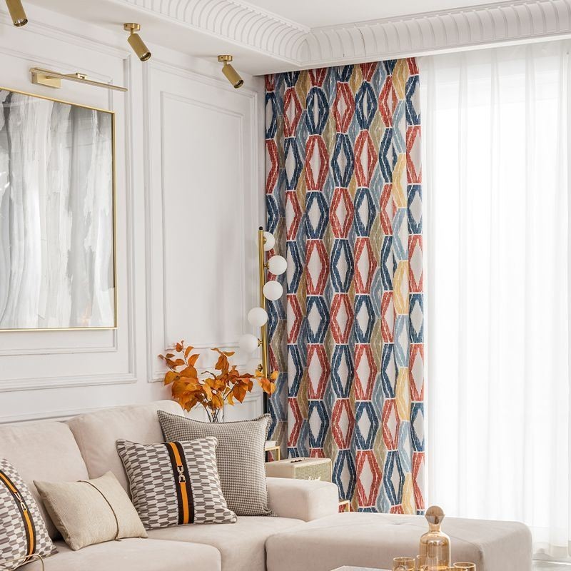 Cortina De Chenilla A Medida Con Estampado De Rombos, Estilo Nórdico, Opaca.