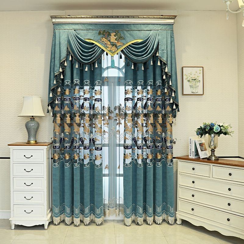 Cortinas Semi Opacas De Chenilla Estilo Chino Con Bordado De Montañas Para Sala De Estar Y Dormitorio