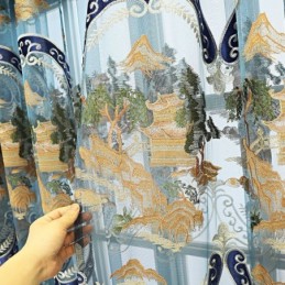 Cortinas Semi Opacas De Chenilla Estilo Chino Con Bordado De Montañas Para Sala De Estar Y Dormitorio