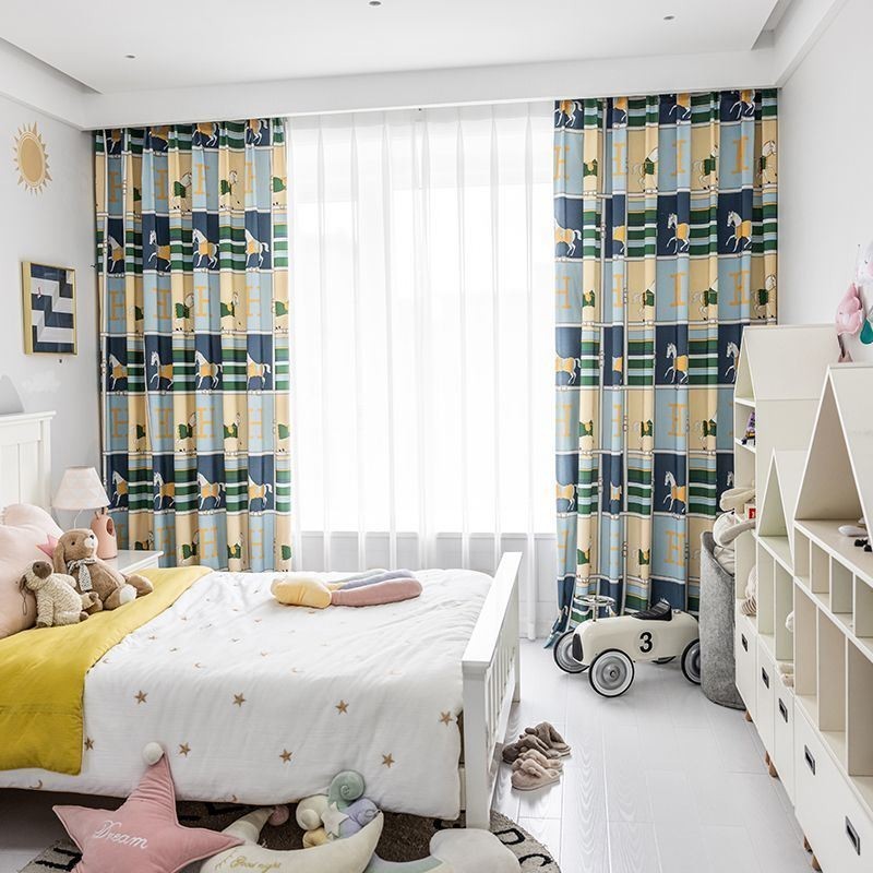 Cortinas De Algodón Estilo Infantil Con Estampado De Caballo Blanco