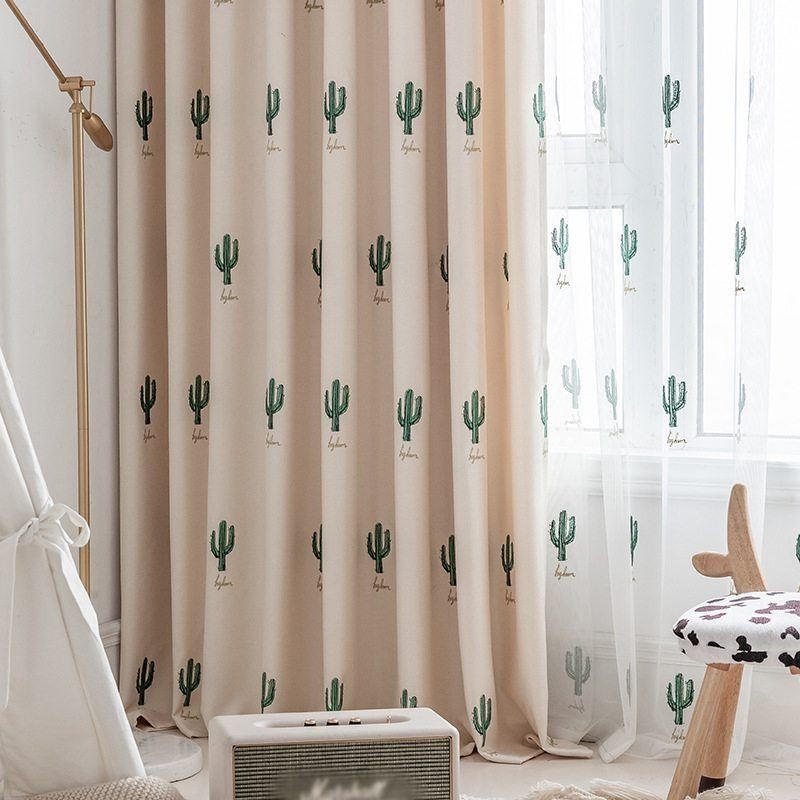 Cortinas Estilo Infantil Con Diseño De Cactus Bordado