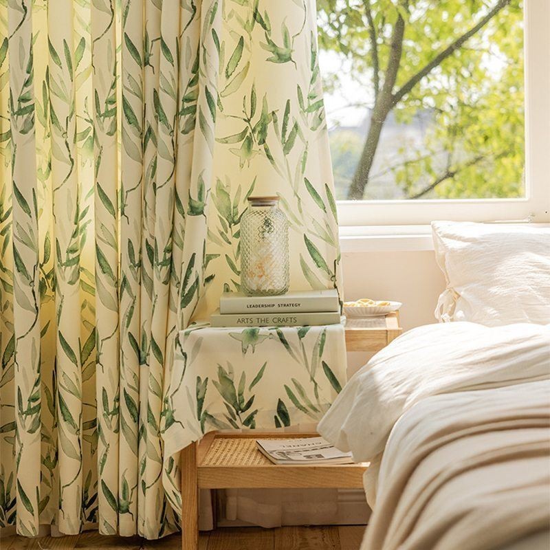 Cortinas Chevron Americanas Con Estampado De Hojas De Bambú Y Tinta