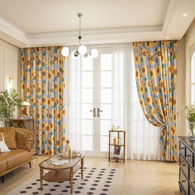 Cortina De Polialgodón Hecha A Medida Con Estampado De Girasoles Americanos, Cortinas Semi Opacas