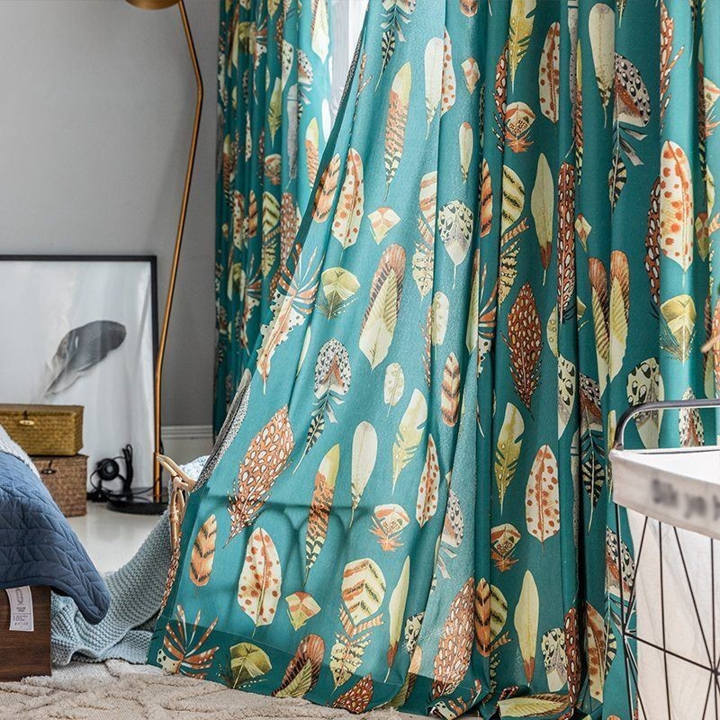 Cortina De Polialgodón Hecha A Medida Con Estampado De Plumas, Estilo Americano, Semiopaca