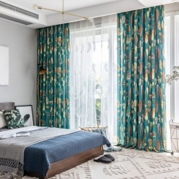 Cortina De Polialgodón Hecha A Medida Con Estampado De Plumas, Estilo Americano, Semiopaca