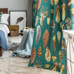 Cortina De Polialgodón Hecha A Medida Con Estampado De Plumas, Estilo Americano, Semiopaca