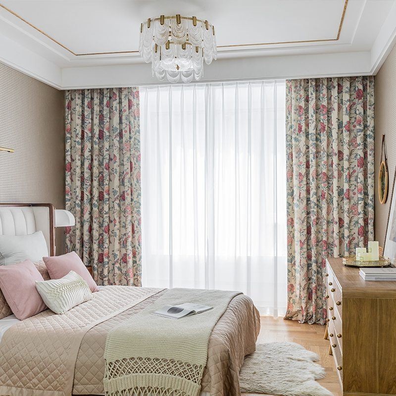 Cortina De Polialgodón Hecha A Medida Con Estampado De Flores Americanas Y Cortinas Opacas