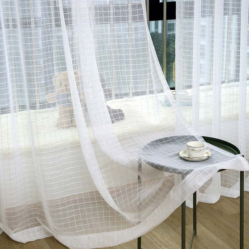 Cortina Nórdica Sencilla Transparente, Hecha A Medida, Con Cuadros Blancos, Tela Jacquard Para Sala De Estar Y Dormitorio.