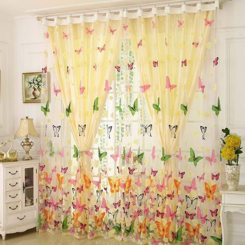 Cortina Romántica Rural Transparente, Hecha A Medida, Con Estampado De Mariposas Coloridas, Tela Transpirable Y Respetuosa Con E