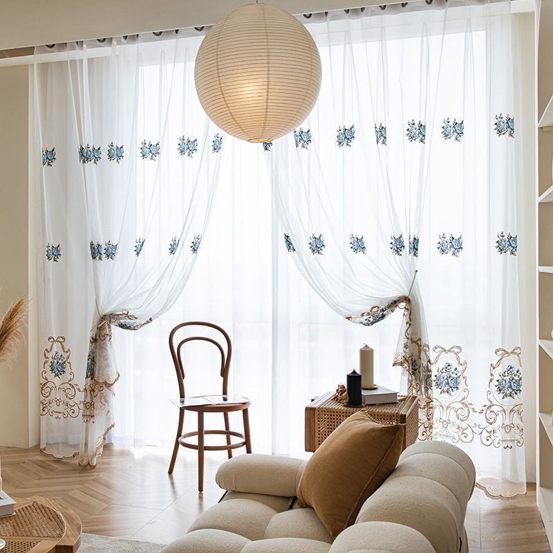 Cortina Transparente Con Diseño Floral, Hecha A Medida, De Tul Bordado Para Sala De Estar.