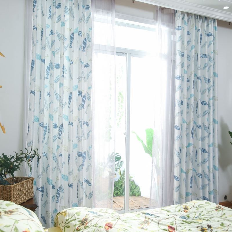 Cortina Semiopaca Hecha A Medida Con Estampado De Peces Para Habitación Infantil.
