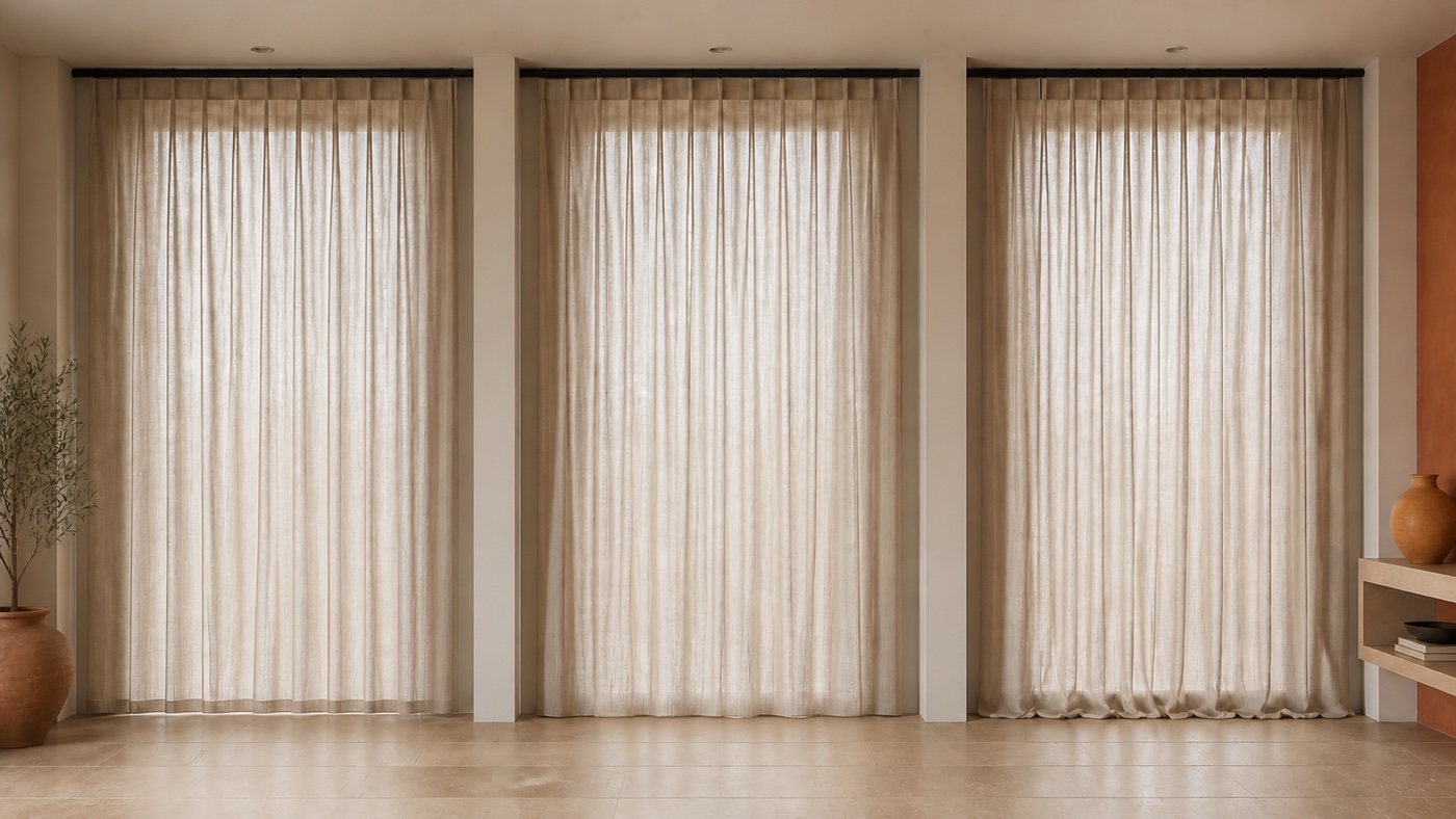 Tres cortinas correctamente instaladas con acabado elevado, a ras y con arrastre